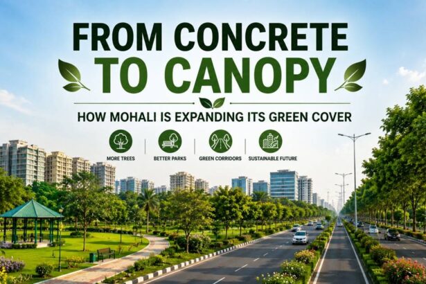 Tree-lined roads and green parks showcasing Mohali's growing urban green cover.