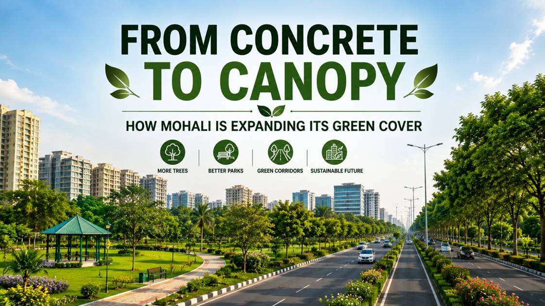 Tree-lined roads and green parks showcasing Mohali's growing urban green cover.