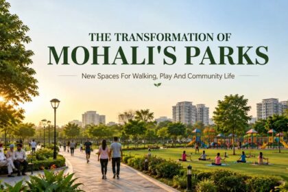 Residents enjoying walking tracks, children's play areas and green parks in Mohali.