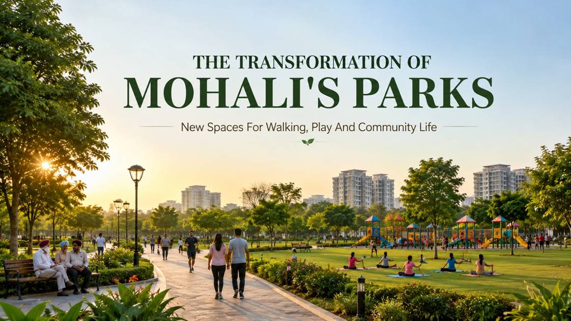 Residents enjoying walking tracks, children's play areas and green parks in Mohali.