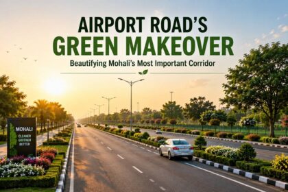 Landscaped Airport Road in Mohali featuring green medians, trees, flowering plants and modern urban infrastructure.