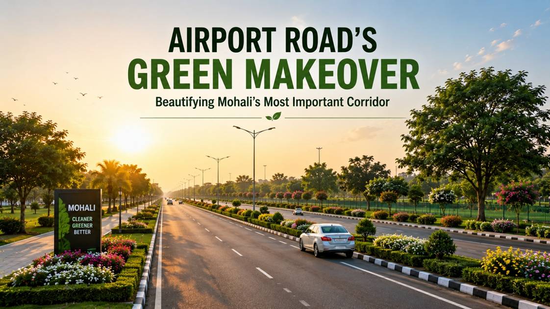 Landscaped Airport Road in Mohali featuring green medians, trees, flowering plants and modern urban infrastructure.