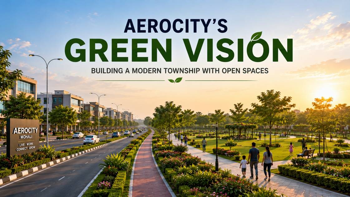 Landscaped roads, parks and green spaces showcasing Aerocity's sustainable urban development