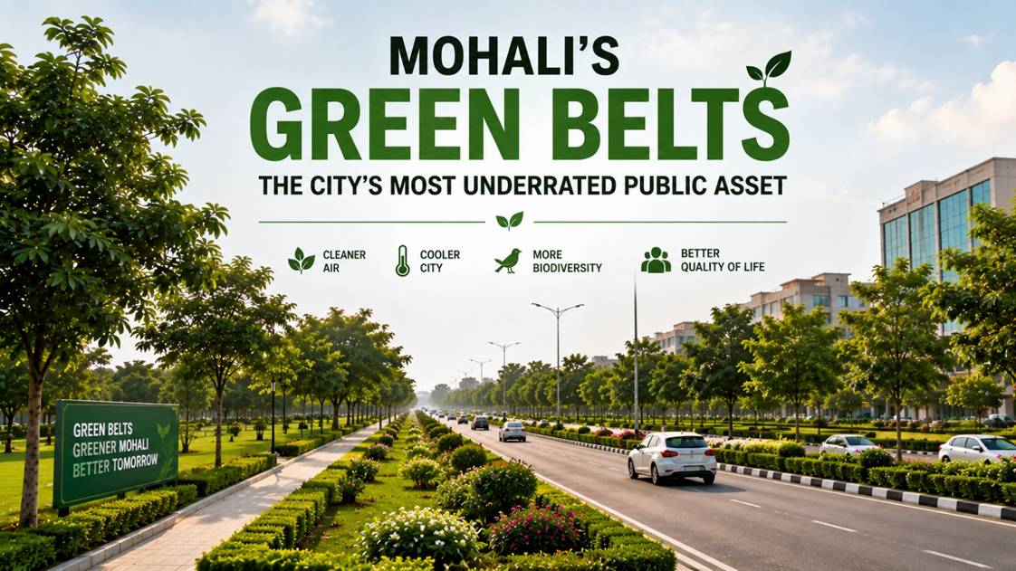 Tree-lined green belts and landscaped corridors across Mohali improving the urban environment.