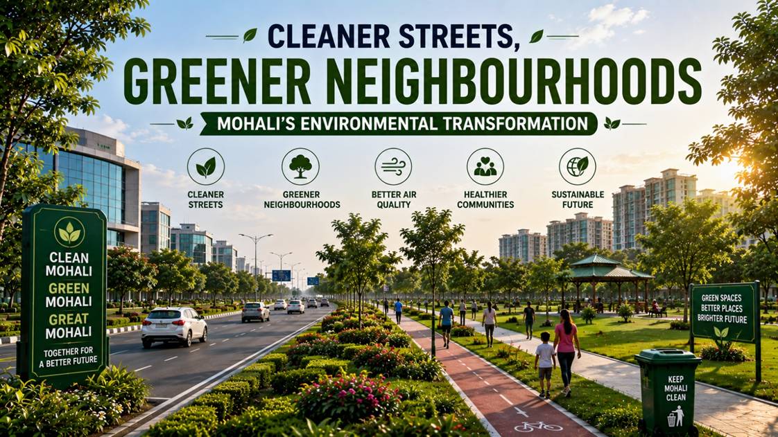 Clean streets, landscaped roads and green neighbourhoods showcasing Mohali's environmental transformation