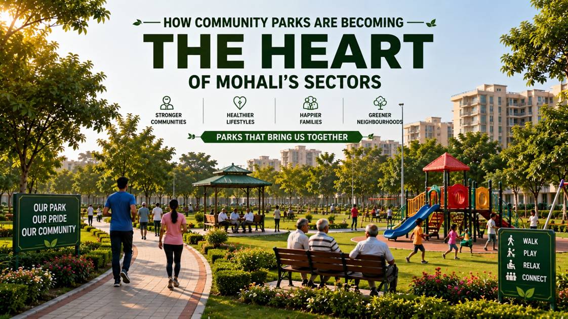 Residents enjoying community parks in Mohali with walking tracks, playgrounds and green spaces.