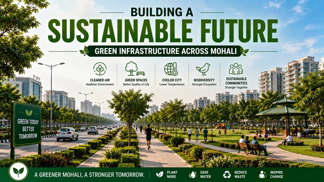 Tree-lined roads, parks and green infrastructure supporting sustainable urban development in Mohali.