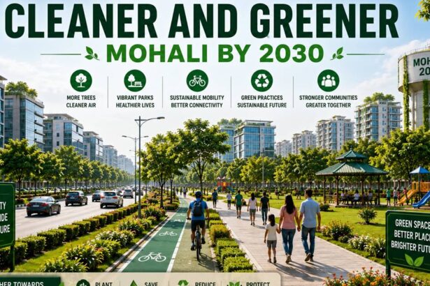 A sustainable vision of Mohali in 2030 featuring green parks, tree-lined roads and modern urban development.