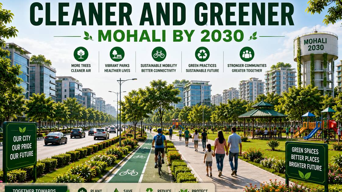 A sustainable vision of Mohali in 2030 featuring green parks, tree-lined roads and modern urban development.