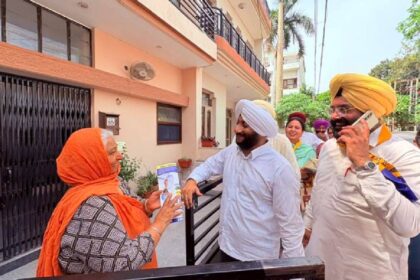 MLA Kulwant Singh meeting residents during a door-to-door election campaign in support of Amarjit Singh and Jugwinder Kaur in Mohali.