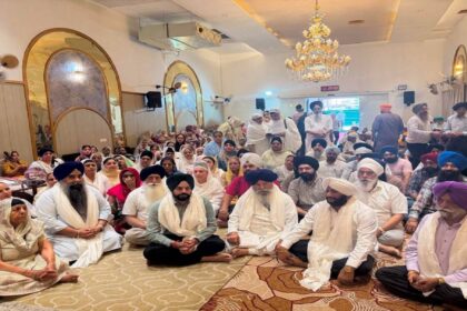 MLA Kulwant Singh at Gurdwara Akal Ashram Sohana receiving blessings and participating in the farewell ceremony for Bhai Davinder Singh Ji Khalsa's international Gurmat Prachar tour
