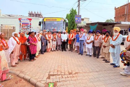 Senior citizens from village Lakhnaur departing for a pilgrimage under the Chief Minister’s Teerth Yatra Scheme in Mohali.