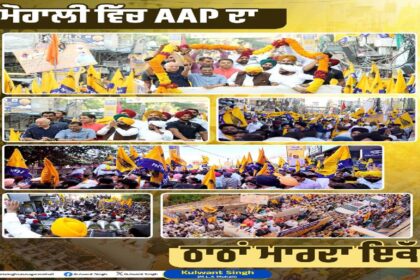 Large gathering of supporters and residents participating in a road show in Mohali focused on development and public engagement.