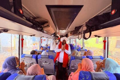 MLA Kulwant Singh flags off a special pilgrimage bus carrying senior citizens from Landran village under the Chief Minister's Pilgrimage Scheme in Mohali.