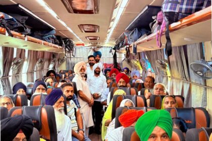 MLA Kulwant Singh flags off a bus carrying senior citizens from Naraingarh Jhungian under the Chief Minister's Pilgrimage Scheme in SAS Nagar Mohali.