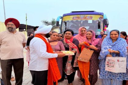 MLA Kulwant Singh greets senior citizens before the departure of the pilgrimage bus from Ansal API, Sector 114, Mohali