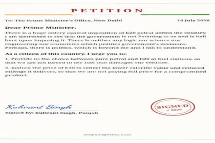 MLA Kulwant Singh signs a petition supporting the continued availability of regular petrol alongside E20 fuel to protect consumer choice