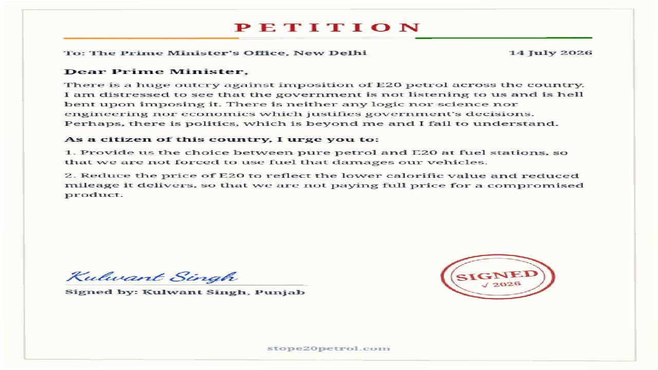 MLA Kulwant Singh signs a petition supporting the continued availability of regular petrol alongside E20 fuel to protect consumer choice