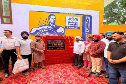 MLA Kulwant Singh inaugurating a rainwater drainage pipeline project in Jhampur village, SAS Nagar Mohali, during a Lok Milni programme with local residents.