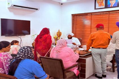 MLA Kulwant Singh interacting with residents during a public grievance meeting in SAS Nagar Mohali to hear local concerns and assure timely action