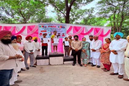 Mayor Sarabjeet Singh Samana interacts with children during the Athletics Coaching Summer Camp at Shaheed Bhagat Singh Nature Park, Phase 8, Mohali.
