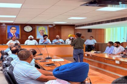 Mayor Sarabjeet Singh Samana chairs a development review meeting with Municipal Corporation officials and councillors in SAS Nagar Mohali.