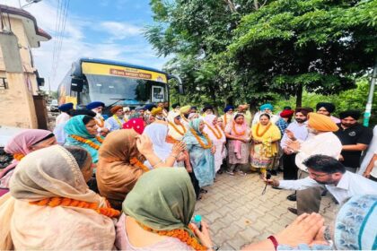 Mayor Sarabjeet Singh Samana flags off the Chief Minister's Pilgrimage Scheme bus from Dhurali village in SAS Nagar Mohali for senior citizens