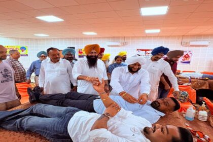 MLA Kulwant Singh encourages blood donors during a blood donation camp at Sector 69 Mohali.