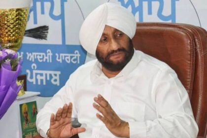 MLA Kulwant Singh addressing journalists during a press interaction in Mohali on employee welfare and development issues.
