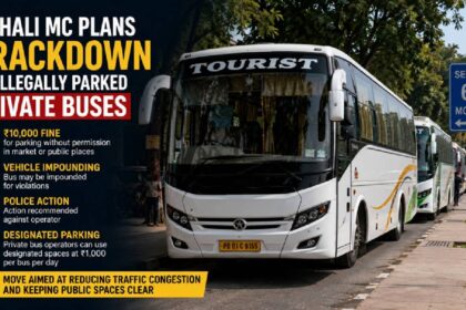 Private buses parked along a busy road in Mohali amid concerns over traffic congestion.