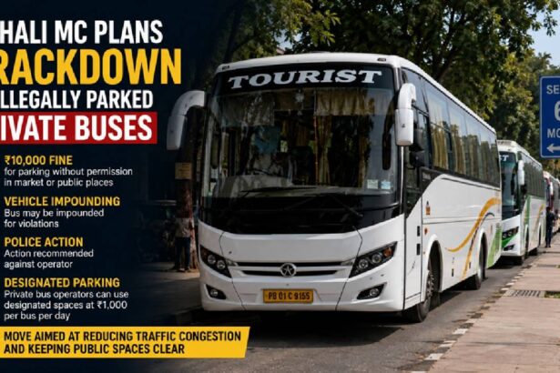 Private buses parked along a busy road in Mohali amid concerns over traffic congestion.