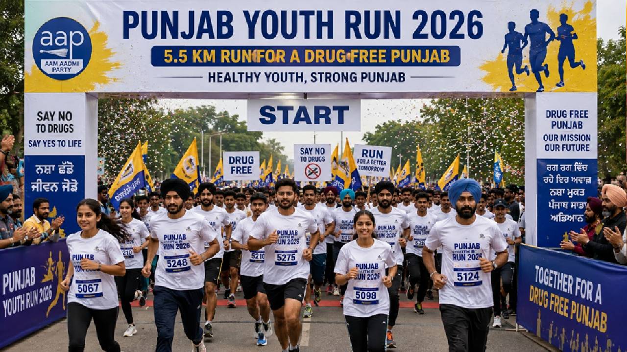 Young runners participating in a 5.5-km youth run in Mohali to promote a drug-free Punjab