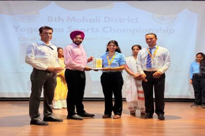 Mayor Sarabjeet Singh Samana participates as Chief Guest at the 8th Mohali District Yogasana Sports Championship 2026 and encourages student participants.