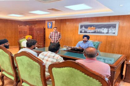 Mayor Sarabjeet Singh Samana meets constituents at his office during a public meeting in Mohali and listens to their problems.